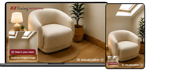 Retailer product page shown on laptop and phone with AI room visualiser